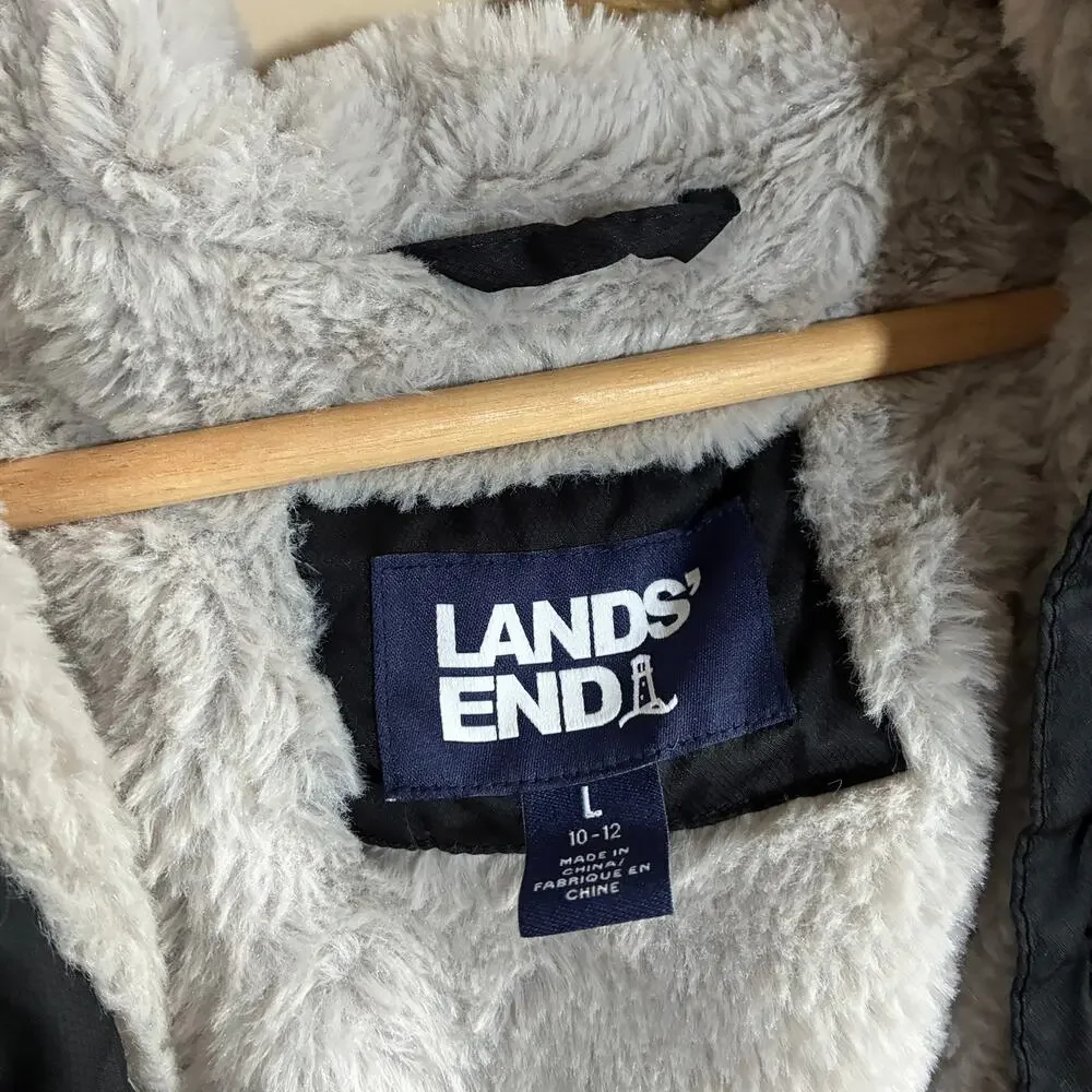 Lands' End faux fur lined black puffer winter jacket kids' size large 10-12